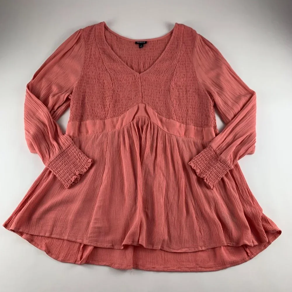 Torrid Coral Crinkle Smocked Bodice Peasant Blouse 2X